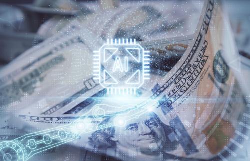 Money overlaid with digital text, "AI"