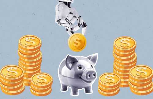 A robot hand feeding a piggy bank