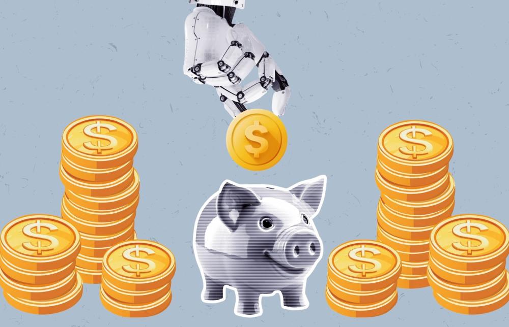 A robot hand feeding a piggy bank