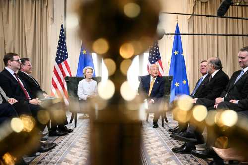 US President Donald Trump (R) and European Commission President Ursula von der Leyen (L) speak to the press after agreeing on a trade deal between the two economies following their meeting, in Turnberry south west Scotland on July 27, 2025, on the third day of his visit to the country, since his second tenure as President began.