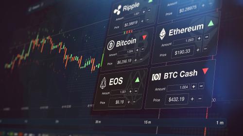 Modern stock exchange (crypto currency) with chart and numbers (3D illustration)