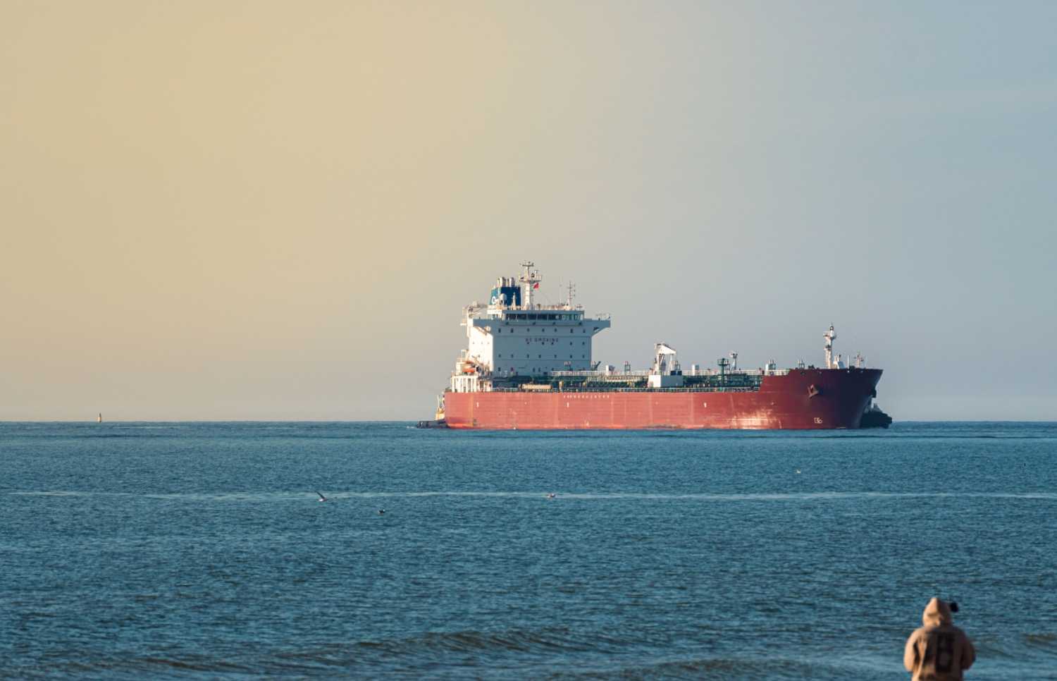 A person watching an oil tanker from the shore.