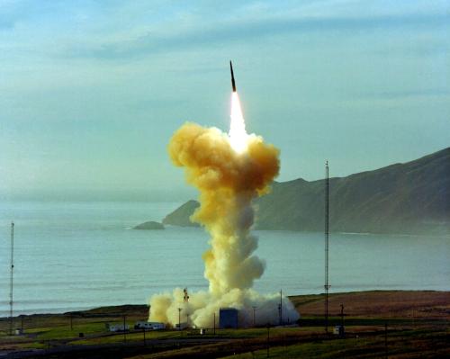 Launch of an unarmed Minuteman I nuclear missile from Launch Facility 06 (LF-06) at Vandenberg Air Force Base, California, USA.