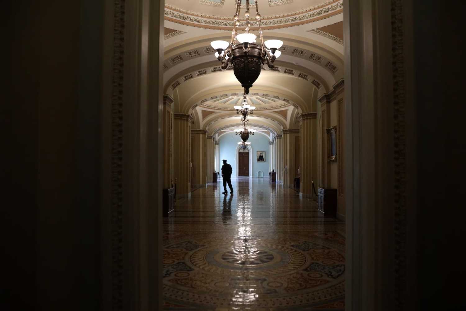 A member of the U.S. Capitol Police stands in a hallway at the U.S. Capitol May 14, 2020, in Washington, D.C. The Senate was scheduled to vote on passage of H.R. 6172, the USA Freedom Reauthorization Act, that day.