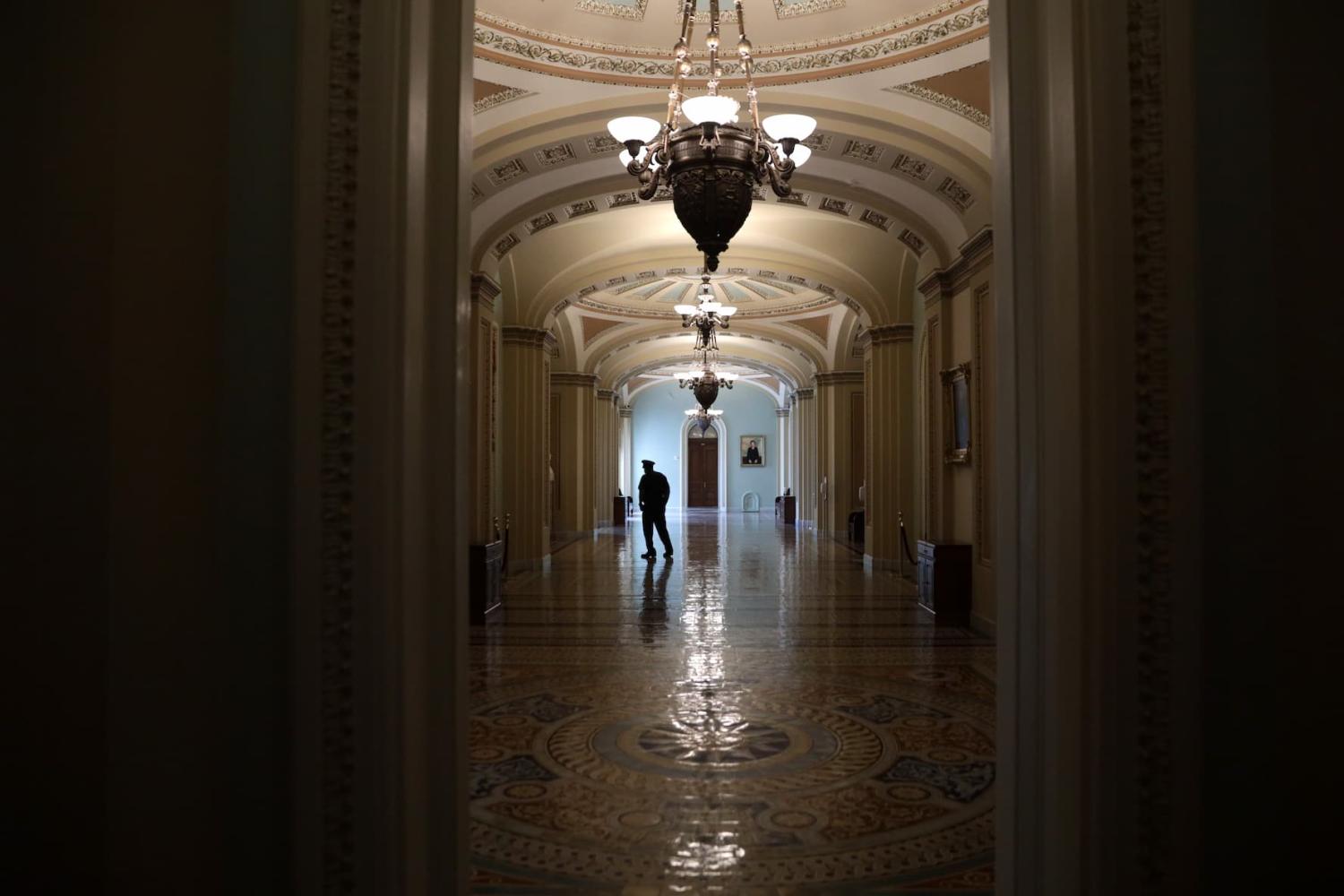 A member of the U.S. Capitol Police stands in a hallway at the U.S. Capitol May 14, 2020, in Washington, D.C. The Senate was scheduled to vote on passage of H.R. 6172, the USA Freedom Reauthorization Act, that day.