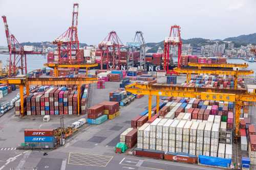 Containers are seen at the Port of Keelung on April 04, 2025 in Keelung, Taiwan.