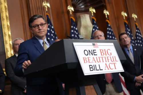 U.S. Speaker of the House Mike Johnson (R-La.) speaks to the media after the House narrowly passed a bill forwarding President Donald Trump's agenda at the U.S. Capitol on May 22, 2025 in Washington, DC. The tax and spending legislation, in what has been called the "Big Beautiful Bill," redirects money to the military and border security and includes cuts to Medicaid, education, and other domestic programs. Johnson was flanked by House Committee Chairmen who helped craft the legislation.