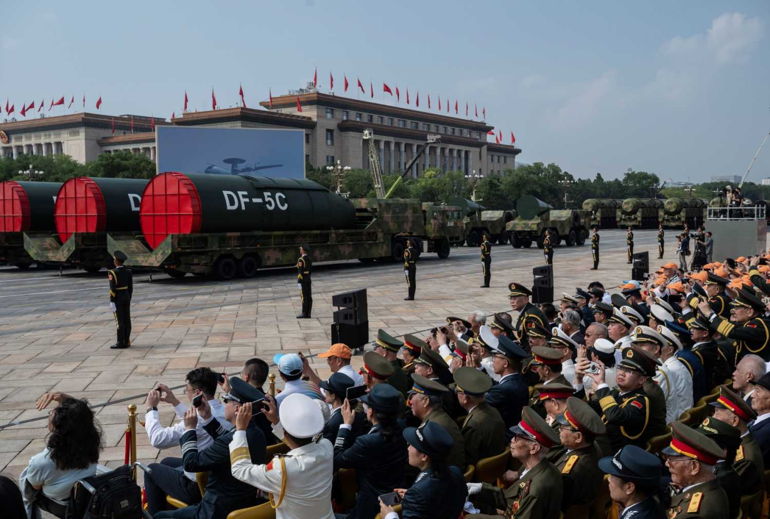 The new DF-5C strategic nuclear-capable missiles are seen on trucks, as they are debuted at a military parade marking the 80th anniversary of victory over Japan and the end of World War II, in Tiananmen Square, Beijing, China, September 3, 2025.