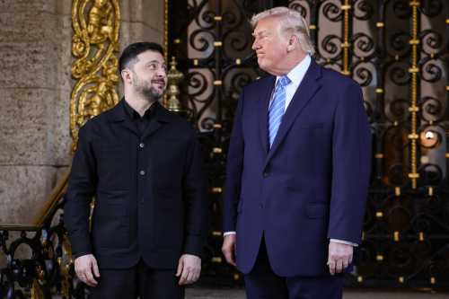 U.S. President Donald Trump greets Ukrainian President Volodymyr Zelensky at his Mar-a-Lago club on December 28, 2025 in Palm Beach, Florida.