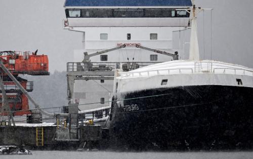 The Fitburg vessel which was seized by authorities sits in the port of Kantvik, Kirkkonummi on January 4, 2026, following damage to a telecommunications cable between Helsinki and the Estonian capital Tallinn.