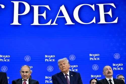 Armenia's Prime Minister Nikol Pashinyan (L), US President Donald Trump (C) and Azerbaijan's President Ilham Aliyev attend the "Board of Peace" meeting during the World Economic Forum (WEF) annual meeting in Davos on January 22, 2026.