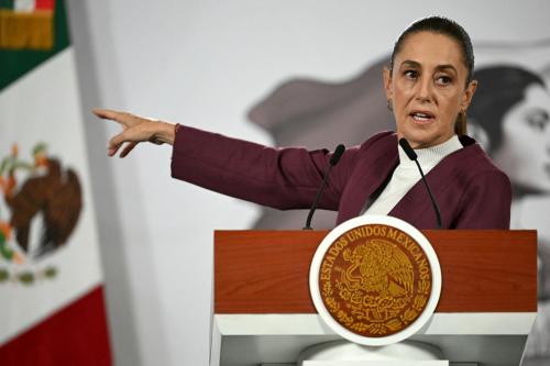 Mexico's President Claudia Sheinbaum speaks during her daily press conference at Palacio Nacional in Mexico City on February 12, 2026.