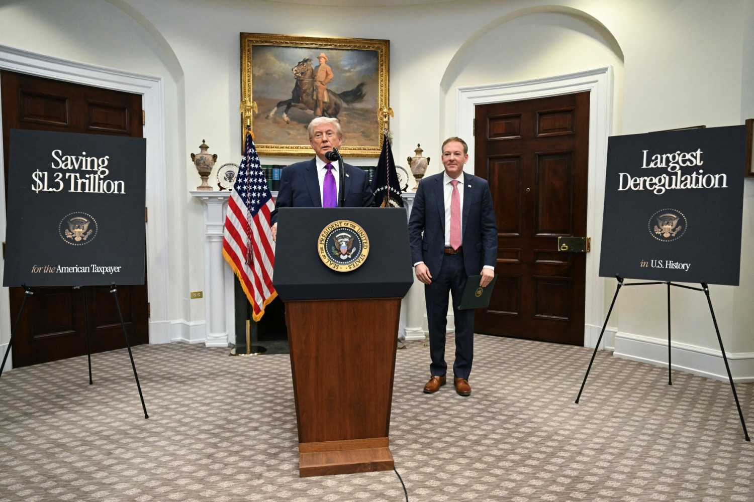 US President Donald Trump joined by US Administrator of the Environmental Protection Agency, EPA, Lee Zeldin, makes an announcement in the Roosevelt Room of the White House in Washington, DC on February 12, 2026.