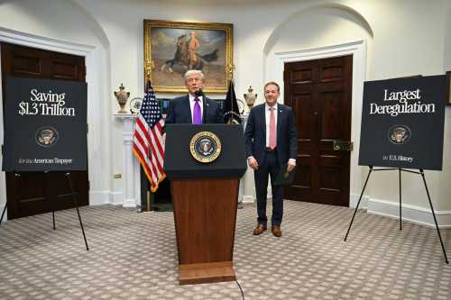 US President Donald Trump joined by US Administrator of the Environmental Protection Agency, EPA, Lee Zeldin, makes an announcement in the Roosevelt Room of the White House in Washington, DC on February 12, 2026.