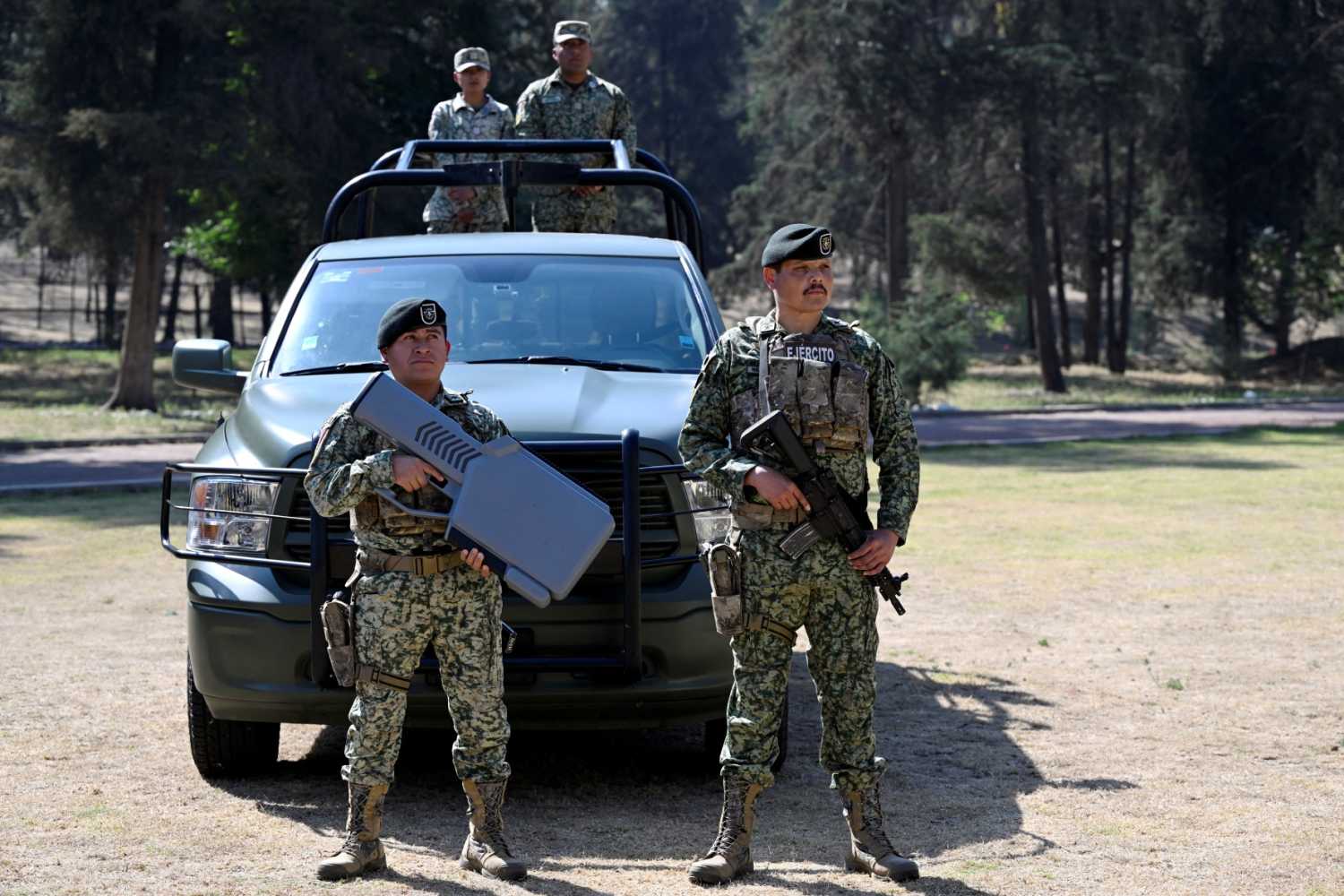 Members of the Mexican Army's special anti-drone battalion, tasked with protecting venues and ensuring security for the 2026 World Cup, take part in a demonstration for the press at Military Camp Number 1 in the municipality of Naucalpan, State of Mexico, on February 17, 2026.