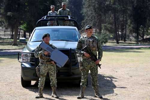 Members of the Mexican Army's special anti-drone battalion, tasked with protecting venues and ensuring security for the 2026 World Cup, take part in a demonstration for the press at Military Camp Number 1 in the municipality of Naucalpan, State of Mexico, on February 17, 2026.