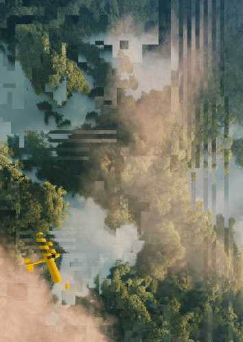 A bird's eye view photo of a small yellow aeroplane flying over a river or lake interspersed with trees and clouds. However, the image is slightly distorted with digital artefacts.