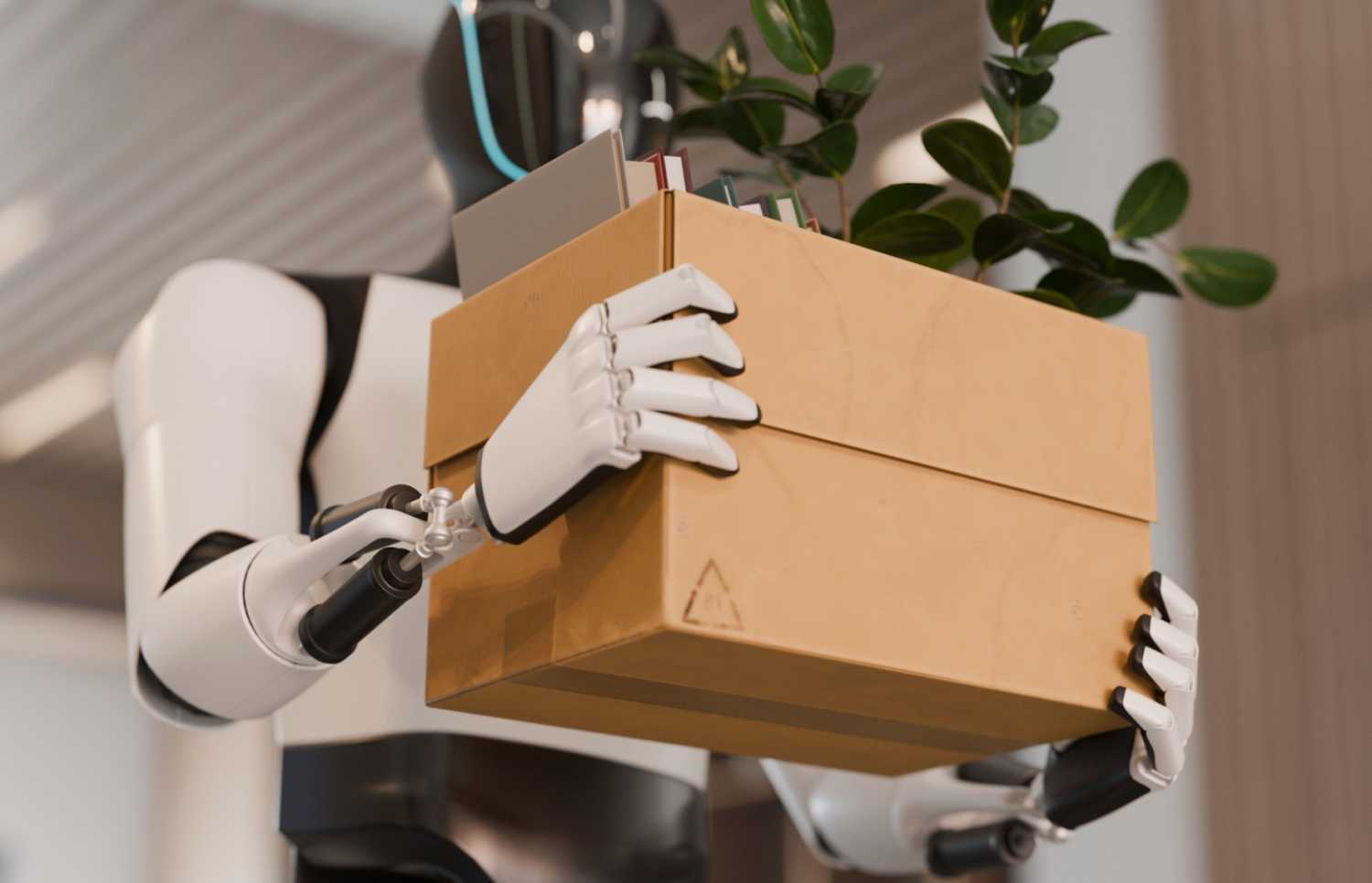 Humanoid robot carrying a moving box with personal belongings