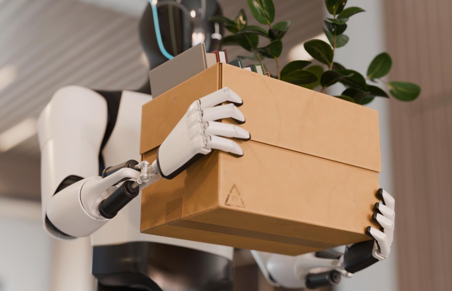 Humanoid robot carrying a moving box with personal belongings