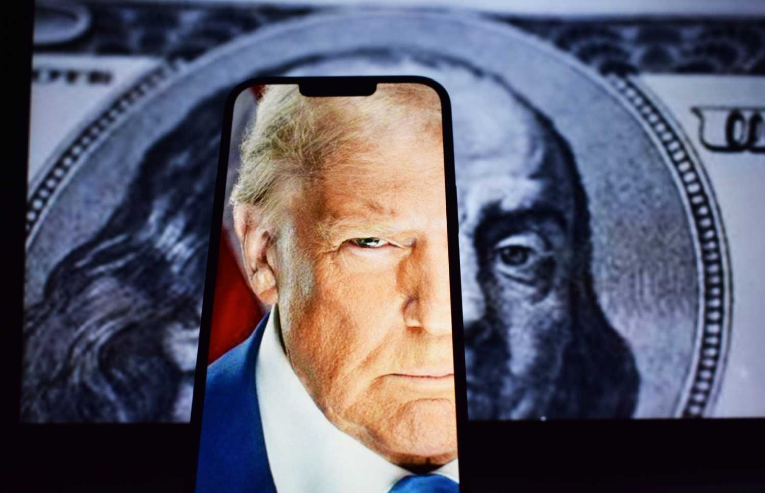 Donald Trump's face superimposed on a $100 bill.