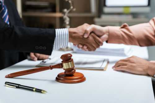 Two people wearing business clothes shake hands over a table