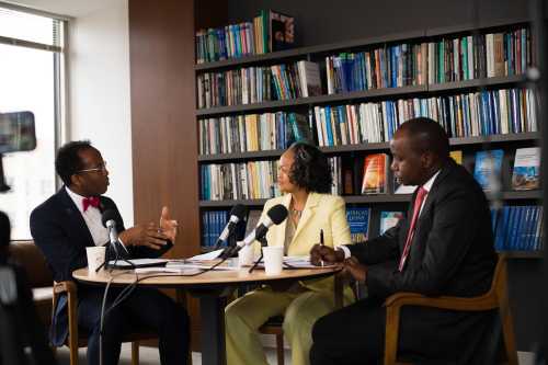 Landry Signe and guests taping an episode of Foresight Africa podcast