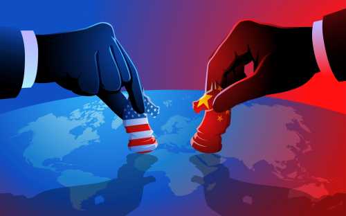 A vector illustration depicts a chess game between the United States and China played over a world map, symbolizing their strategic moves and competition for global influence.
