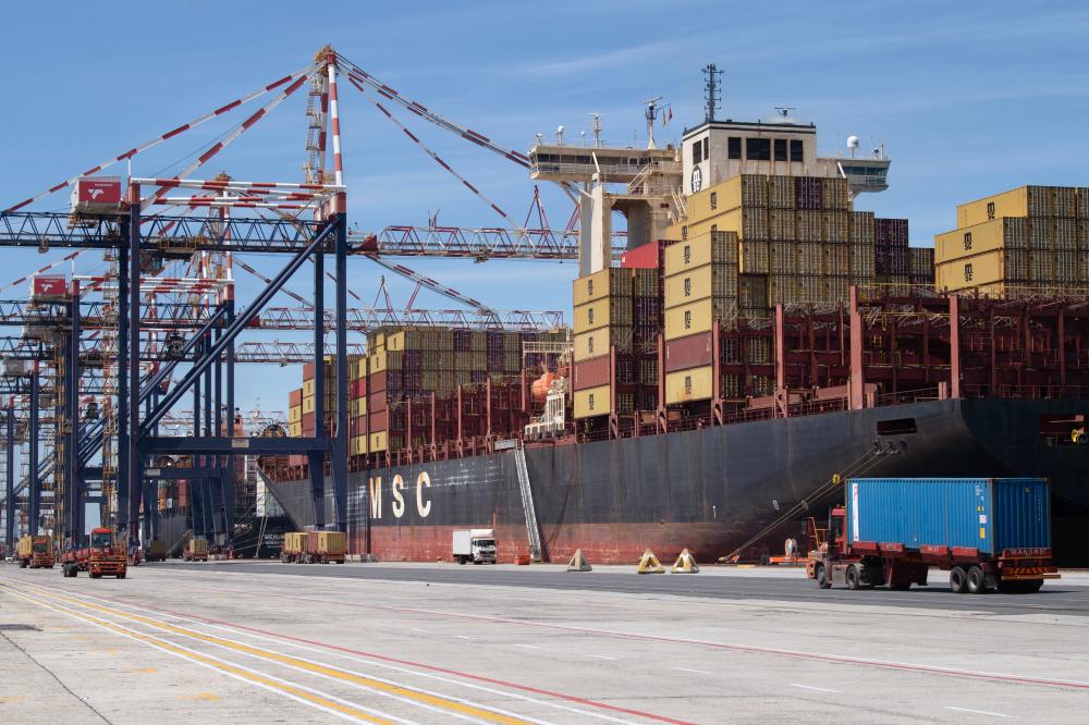 A container ship is moored at the Container Terminal at Cape Town Harbour