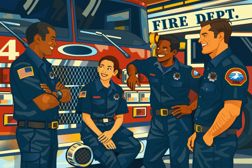 Illustration of firefighters chatting by a fire engine