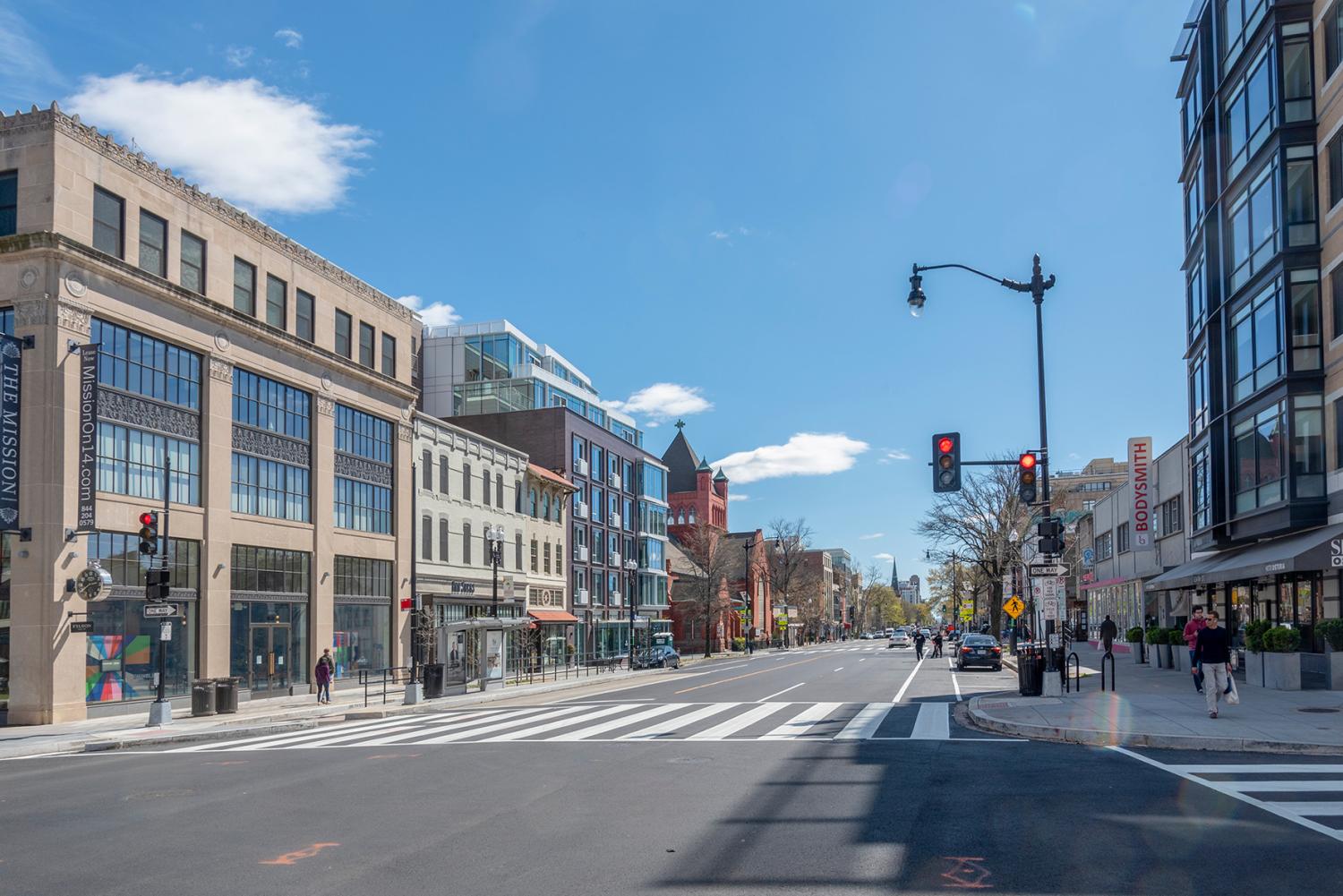 Washington, DC, the normally busy 14th St NW corridor Is nearly empty