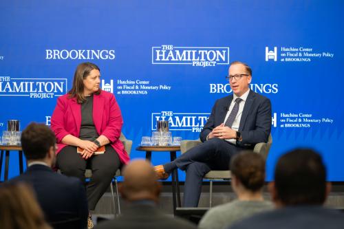 Minnesota Commerce Commissioner Grace Arnold and Colorado Insurance Commissioner Michael Conway speak at The Hamilton Project and Hutchins Center's event, "Reimagining homeowners insurance amid growing climate risk." (Photographer: Joy Asico)