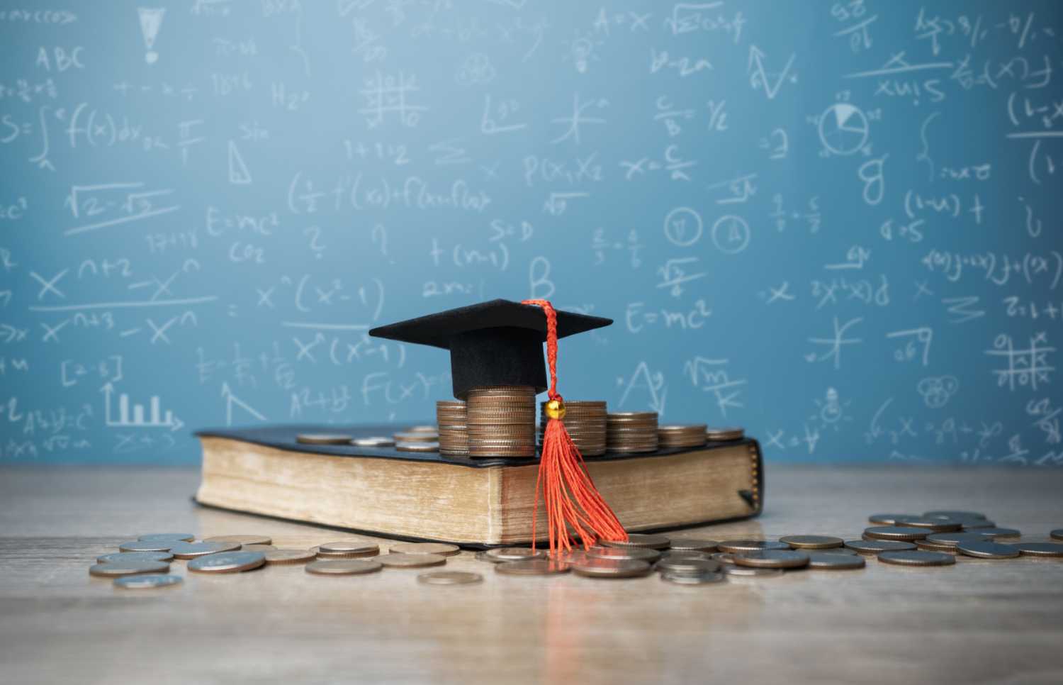 Coins and a graduation cap on top of a book, in front of a chalkboard.