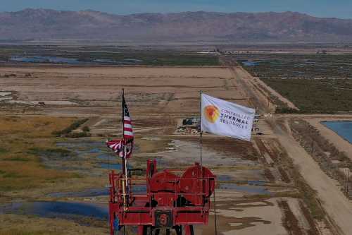 This aerial view shows the Controlled Thermal Resources (CRT) drilling rig in Calipatria, California, December 15, 2021