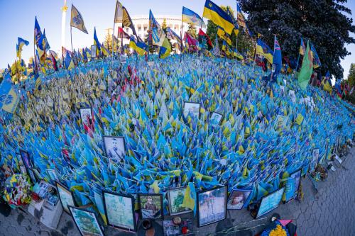 Many Ukrainian flags on the main square Maidan Nezalezhnosti.