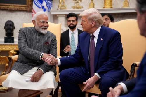 U.S. President Donald Trump and Indian Prime Minister Narendra Modi meet in the Oval Office at the White House on February 13, 2025 in Washington, DC.