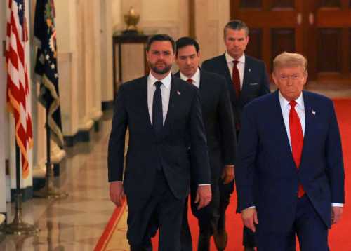 US President Donald Trump (R) arrives to address the nation, alongside US Vice President JD Vance (L), US Secretary of State Marco Rubio (C) and US Secretary of Defense Pete Hegseth (2nd R), from the White House in Washington, DC on June 21, 2025, following the announcement that the US bombed nuclear sites in Iran.