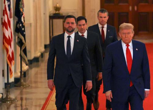 US President Donald Trump (R) arrives to address the nation, alongside US Vice President JD Vance (L), US Secretary of State Marco Rubio (C) and US Secretary of Defense Pete Hegseth (2nd R), from the White House in Washington, DC on June 21, 2025, following the announcement that the US bombed nuclear sites in Iran.