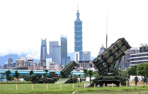 Air Force Patriot missile systems are deployed at a local park during Taiwan's annual Han Kuang military exercise in Taipei on July 11, 2025.