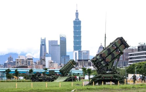 Air Force Patriot missile systems are deployed at a local park during Taiwan's annual Han Kuang military exercise in Taipei on July 11, 2025.