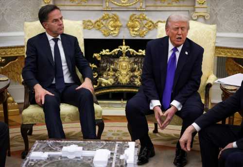 U.S. President Donald Trump (R) speaks during a meeting with NATO Secretary General Mark Rutte (L) in the Oval Office of the White House on October 22, 2025 in Washington, DC.