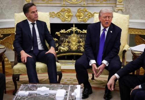 U.S. President Donald Trump (R) speaks during a meeting with NATO Secretary General Mark Rutte (L) in the Oval Office of the White House on October 22, 2025 in Washington, DC.