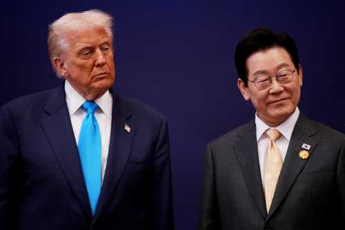 U.S. President Donald Trump reacts as he is presented with the Grand Order of Mugunghwa and the Silla gold crown by South Korean President Lee Jae Myung at the Gyeongju National Museum on October 29, 2025 in Gyeongju, South Korea.