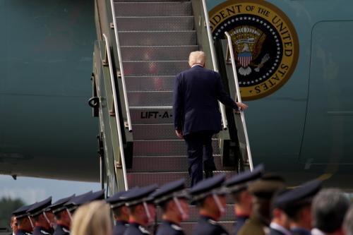 U.S. President Donald Trump boards Air Force One following a bilateral meeting with Chinese President Xi Jinping on October 30, 2025 in Gyeongju, South Korea.