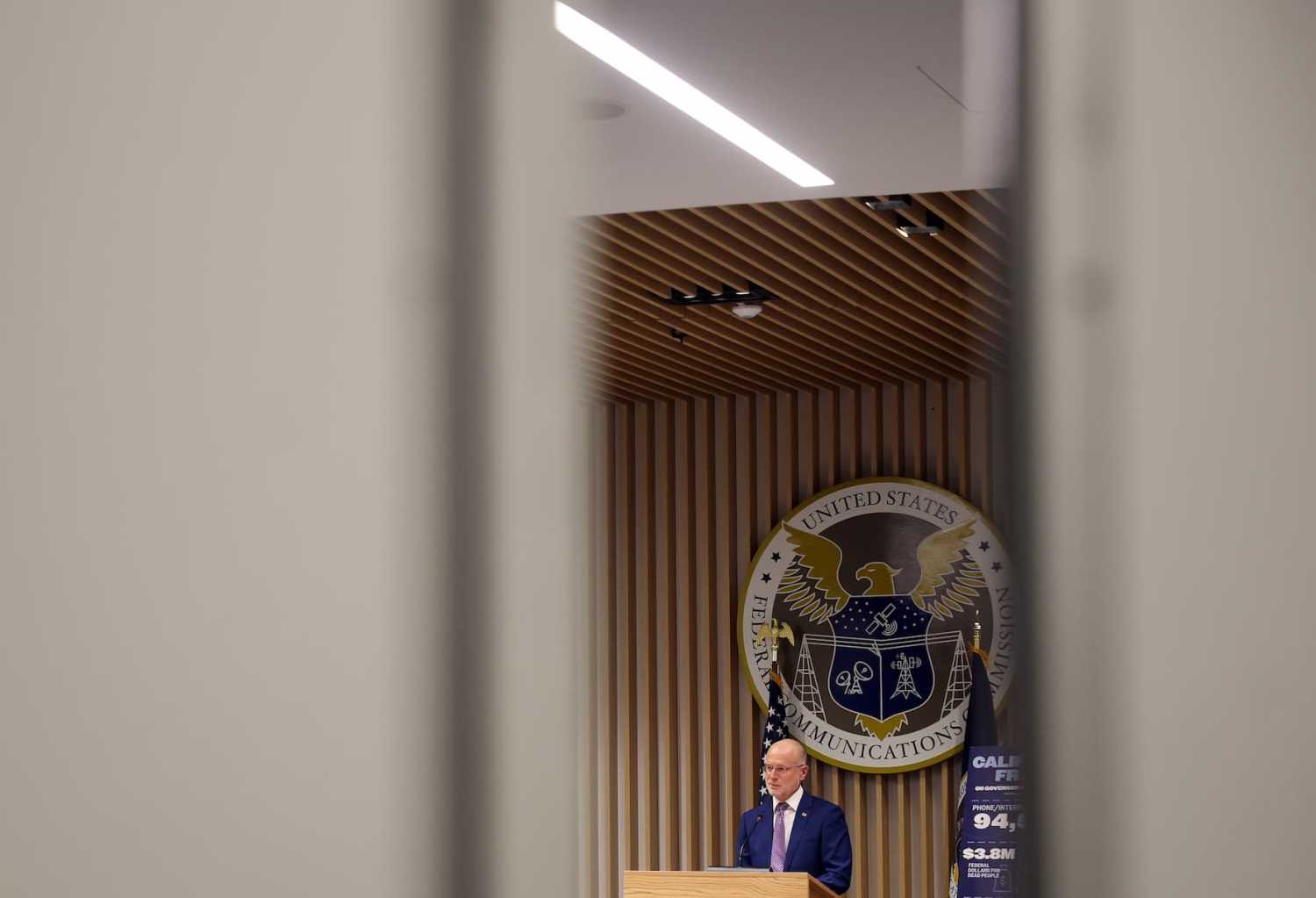 WASHINGTON, DC - FEBRUARY 18: Chairman of the Federal Communications Commission (FCC) Brendan Carr speaks at a news conference following an FCC meeting at the Federal Communications Commission headquarters on February 18, 2026 in Washington, DC. Carr spoke on the Commission's meeting and took questions on late night television show host Stephen Colbert's accusations that CBS did not allow him to air a scheduled interview with Democratic Texas State Representative James Talarico.