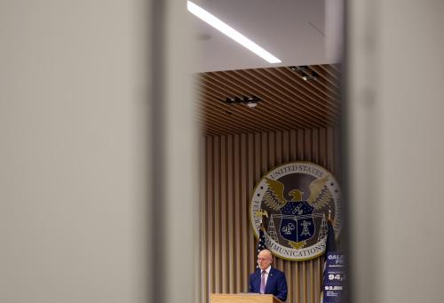 WASHINGTON, DC - FEBRUARY 18: Chairman of the Federal Communications Commission (FCC) Brendan Carr speaks at a news conference following an FCC meeting at the Federal Communications Commission headquarters on February 18, 2026 in Washington, DC. Carr spoke on the Commission's meeting and took questions on late night television show host Stephen Colbert's accusations that CBS did not allow him to air a scheduled interview with Democratic Texas State Representative James Talarico.
