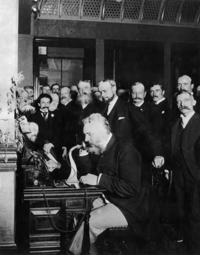 Alexander Graham Bell (1847 - 1922) makes the first telephone call from New York to Chicago in 1892. Bell invented the telephone sixteen years earlier in 1876.