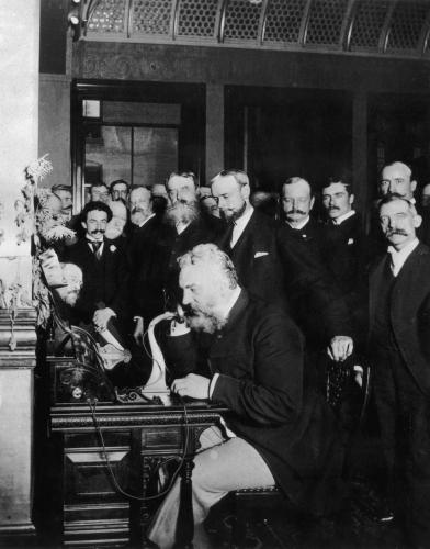 Alexander Graham Bell (1847 - 1922) makes the first telephone call from New York to Chicago in 1892. Bell invented the telephone sixteen years earlier in 1876.