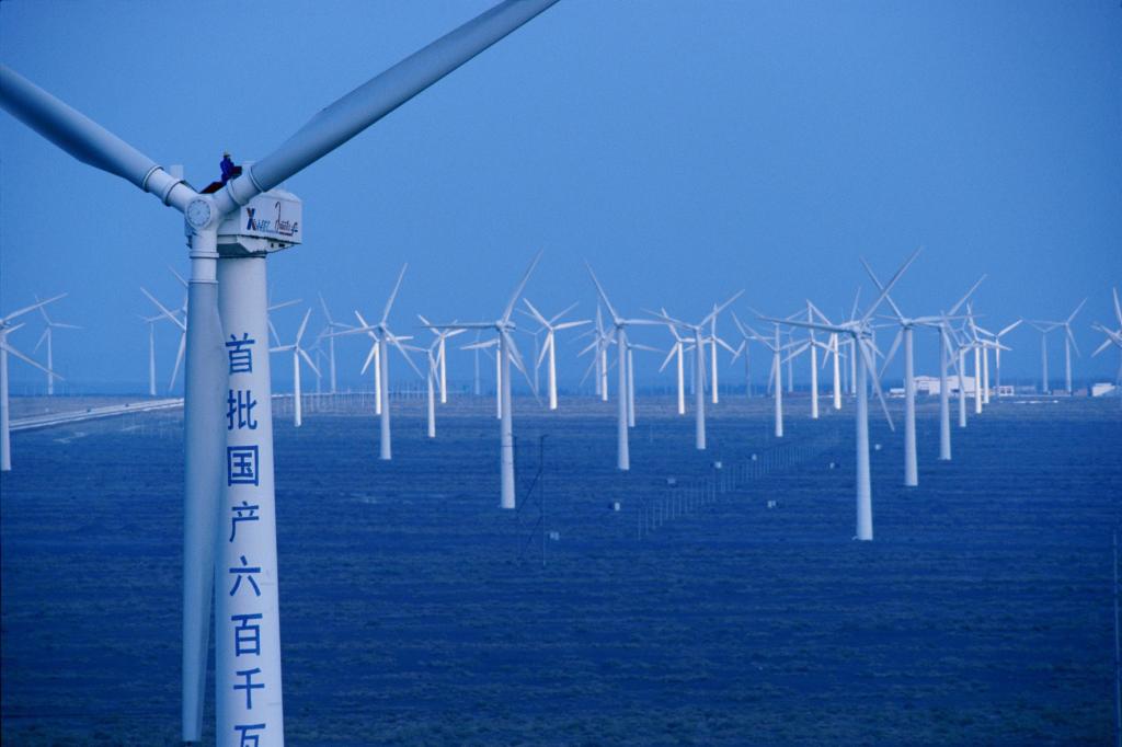 At the Dabancheng wind farm, wind energy contributes a bit to China's energy needs, but burning fossil fuels is still China's largest energy source.