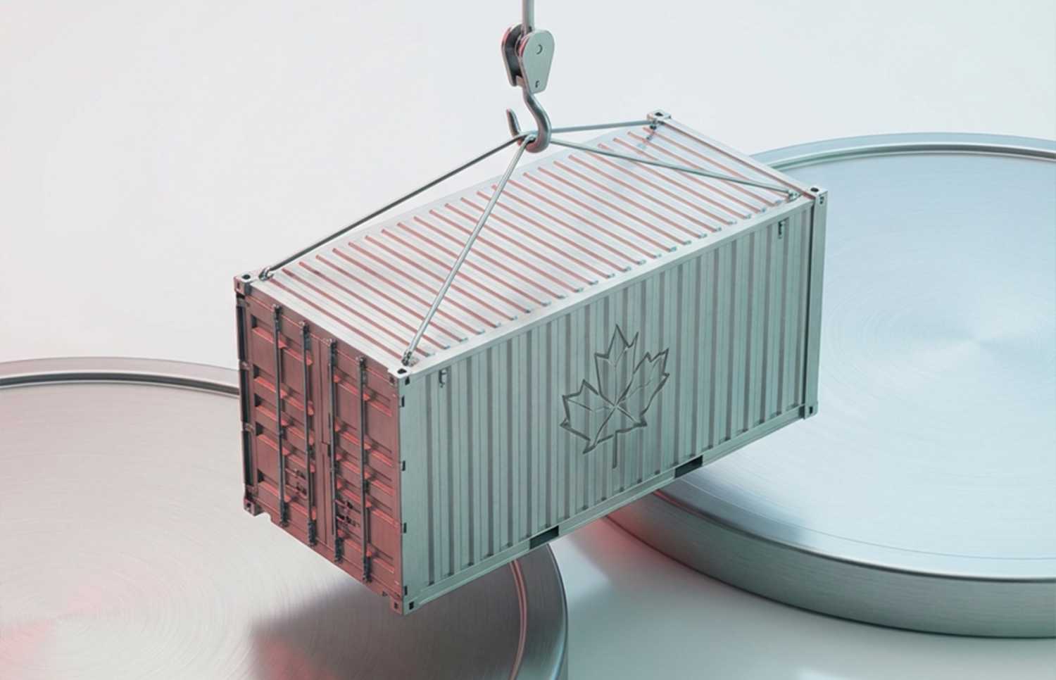 A shipping container bearing the image of a maple leaf