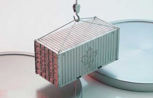 A shipping container bearing the image of a maple leaf